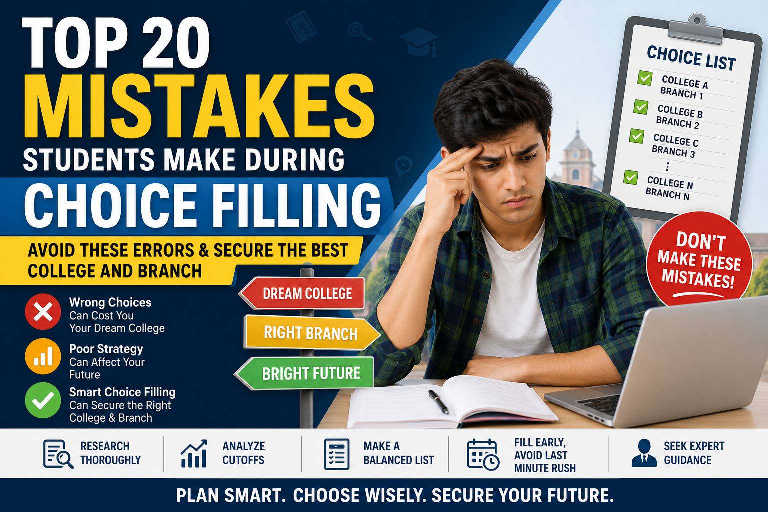 Discover the top 20 mistakes students make during choice filling in counsellings. Learn expert strategies to secure the best college and branch.