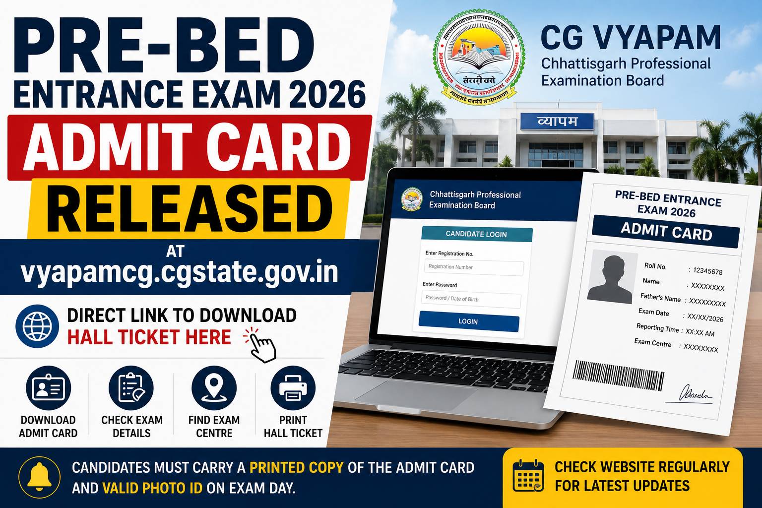 Pre-BEd Entrance Exam 2026 Admit Card Released at vyapamcg.cgstate.gov ...